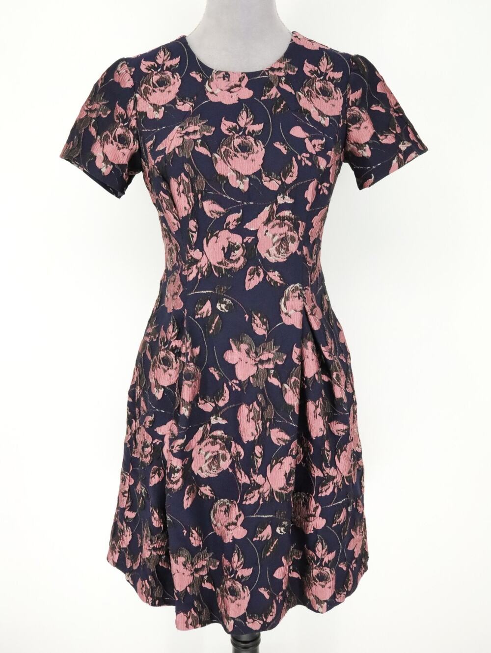 Vince Camuto Dress Womens 6 Navy Blue Pink Floral Brocade Pleated Lined Pockets